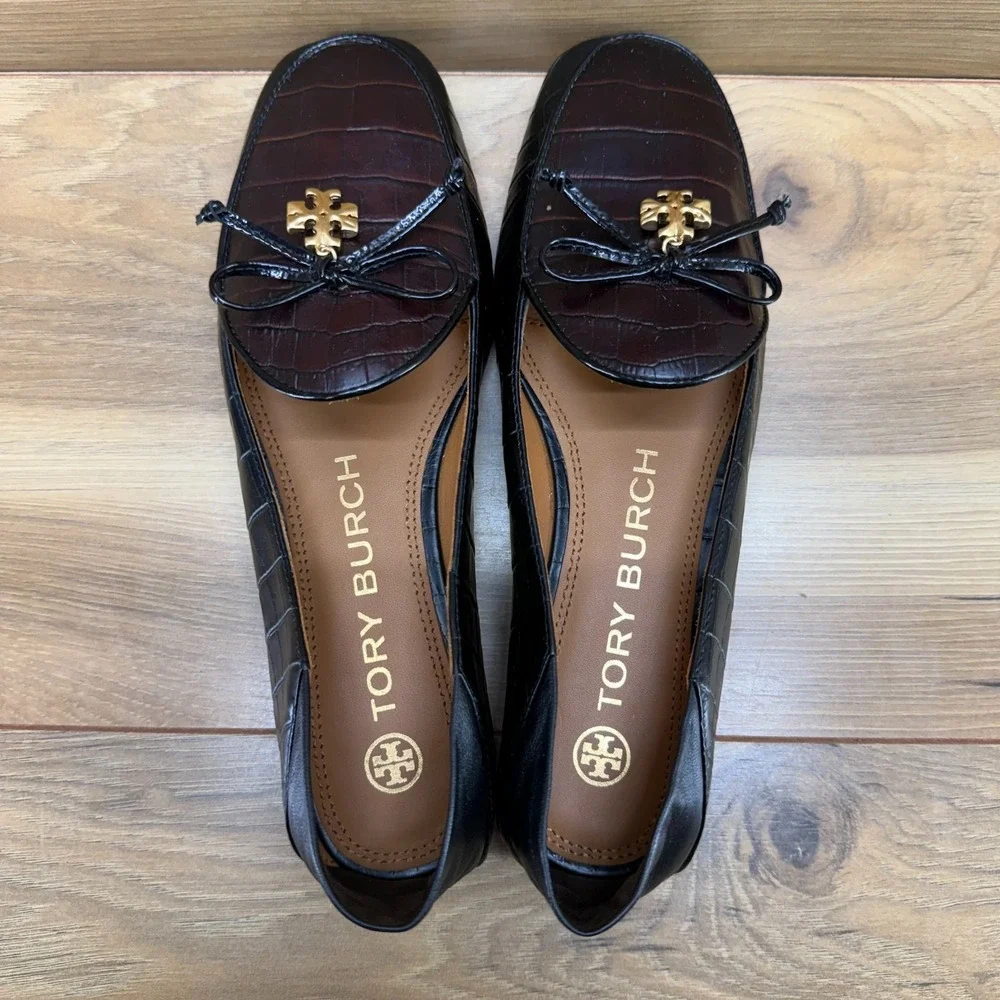 Tory Burch Charm Loafer 6 M Cocoa Croc Black Leather Bow Slip On Convertible